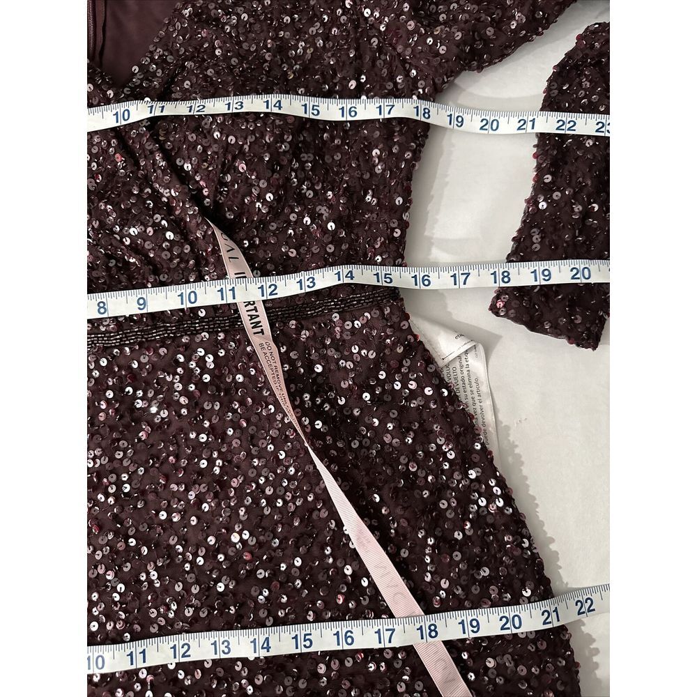 NWT Mac Duggal [ 10 ] V Neck Puff Shoulder Sequined Surplice Gown Mahogany J250‎ - Picture 6 of 15